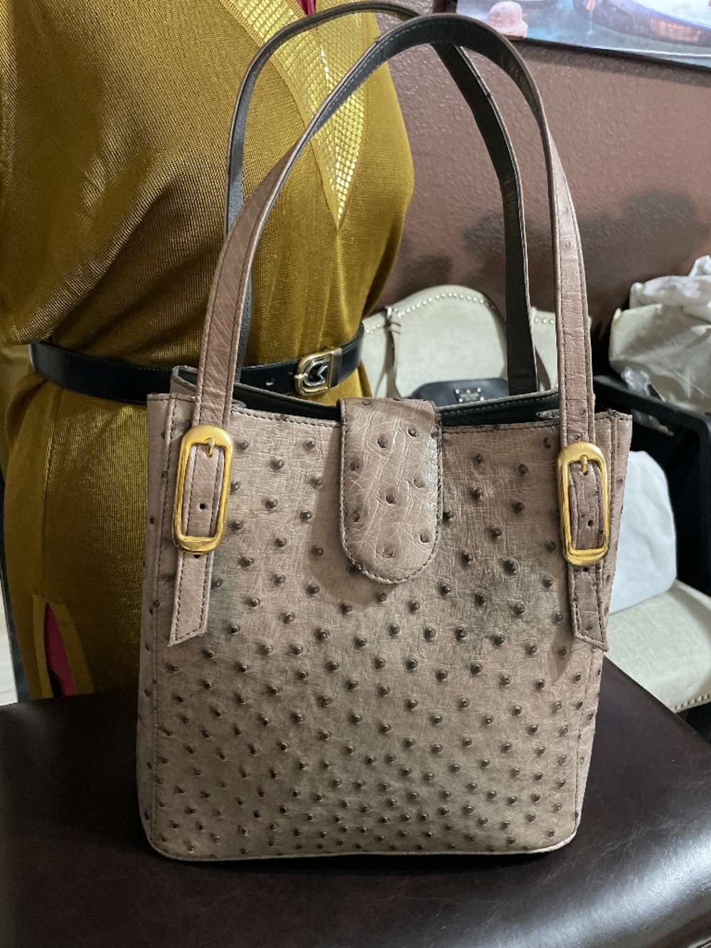 Vintage Pewter gray ostrich leather shoulder bag